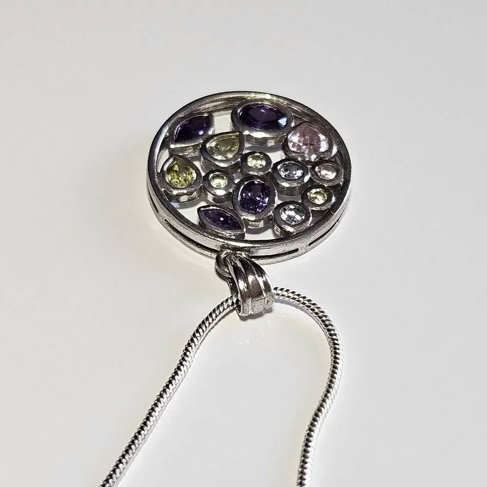 Sterling Silver Multicolored Rhinestone Round Pendant Necklace 20